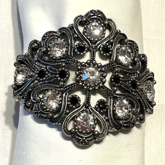 Statement Filigree Bracelet Clear and Black Stones on Silver Tone Hinged Clamper - Picture 9 of 10